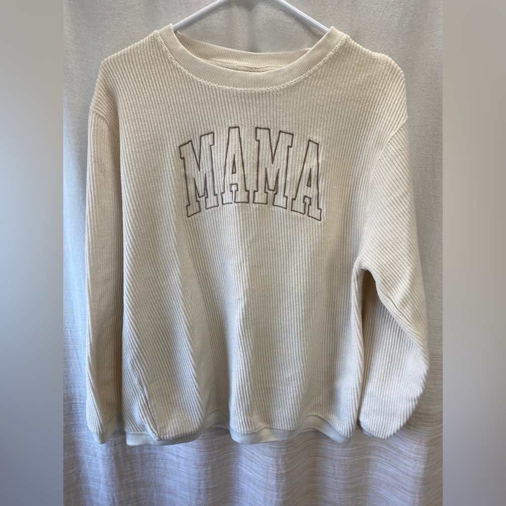 Cream colored corded mama crewneck sweatshirt